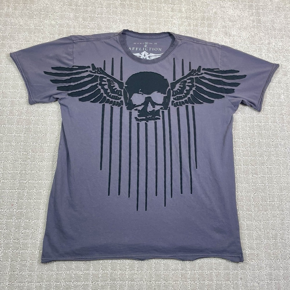 Affliction Winged Skull Gray Stripes Shirt XL Gothic Metal MMA Y2K Streetwear